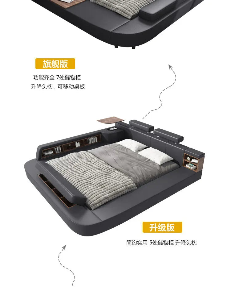 Modern grey upholstered bed featuring integrated side shelving, a mobile wooden side table, and adjustable headrests.