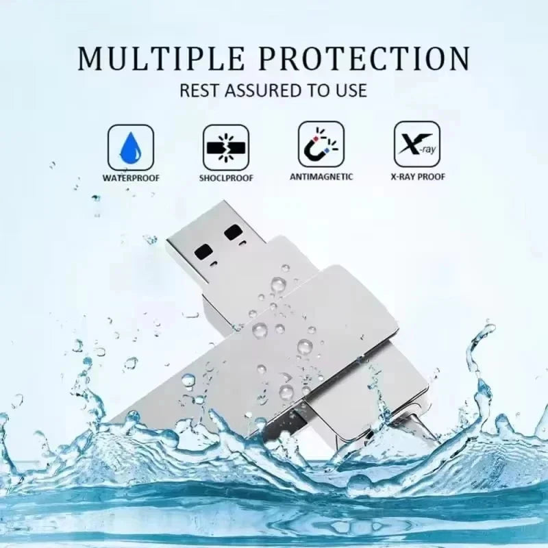 Silver 2-in-1 USB flash drive in water. Features waterproof, shockproof, antimagnetic, and X-ray proof protection.