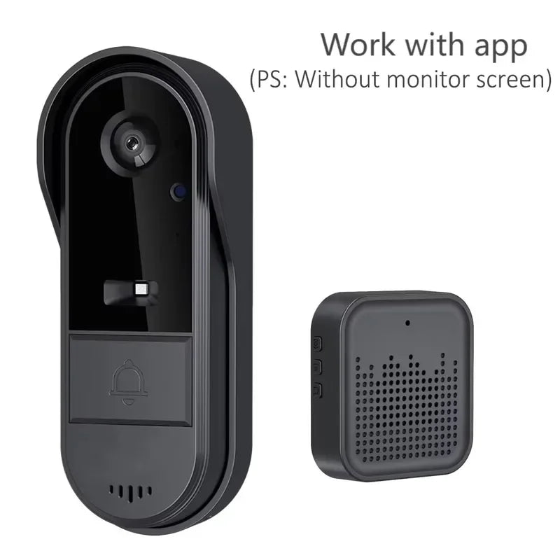 Black wireless video doorbell with camera, night vision, and a matching square indoor chime unit.