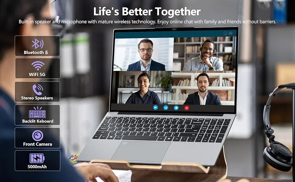 Sleek silver 15.6-inch laptop with backlit keyboard, integrated webcam, and high-performance specs for video calls.