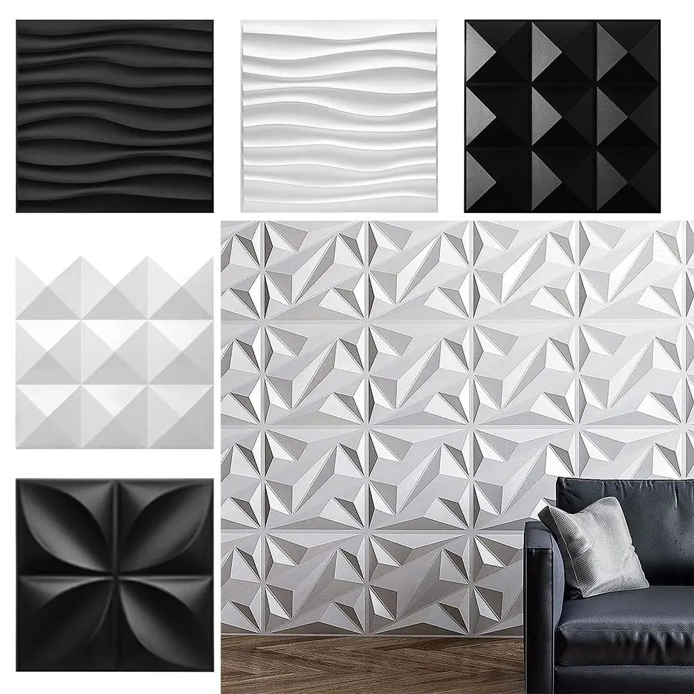 Selection of 3D decorative waterproof wall panels in various black and white geometric, diamond, and wave designs.
