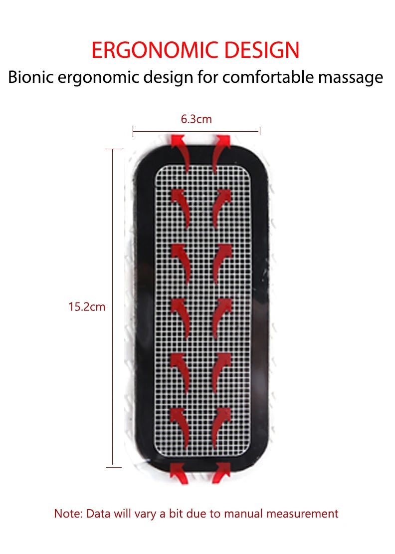 Rectangular black abdominal fitness pad with a white grid pattern, showing dimensions of 15.2cm by 6.3cm.