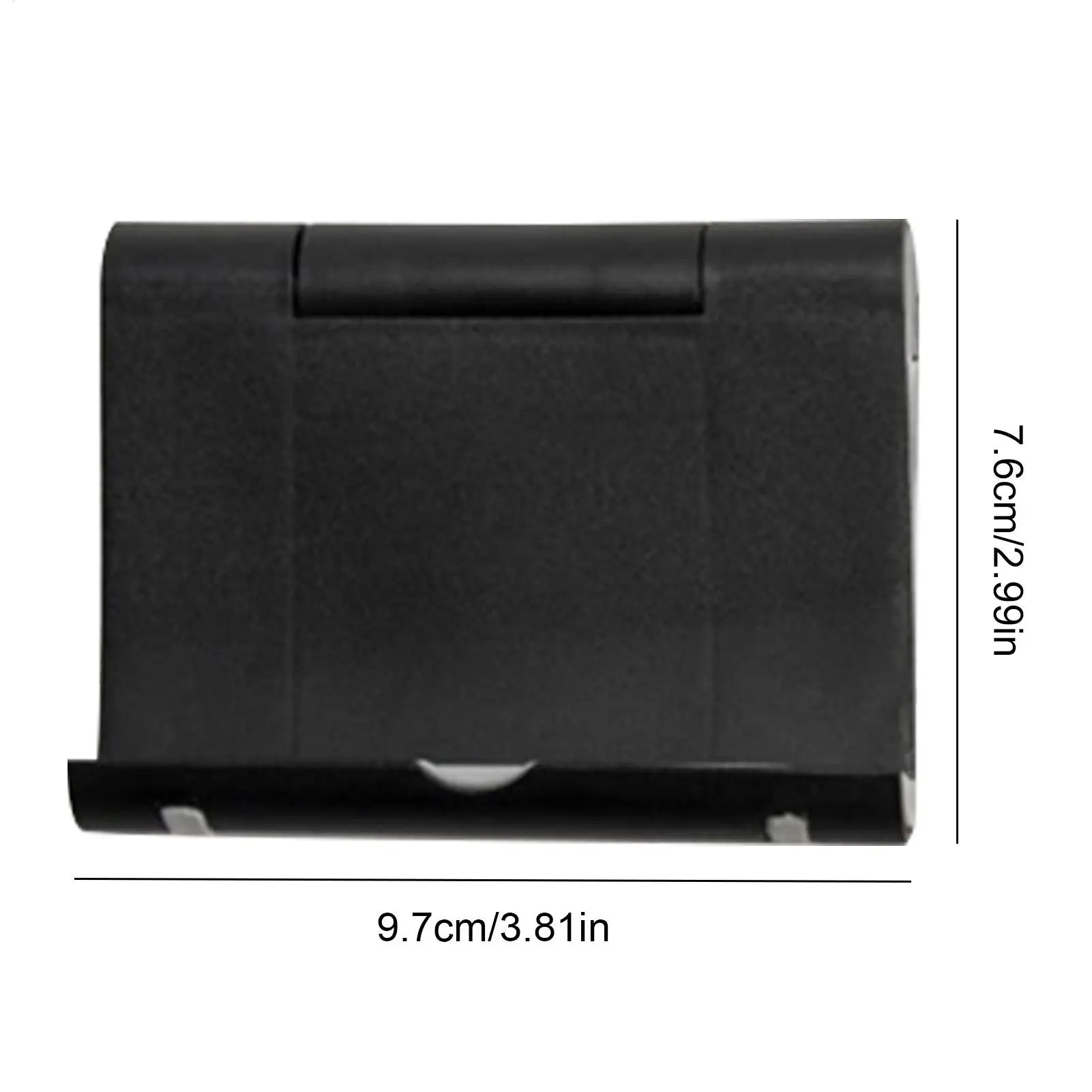 Foldable black plastic smartphone stand, measuring 9.7cm by 7.6cm, designed for stable device viewing.