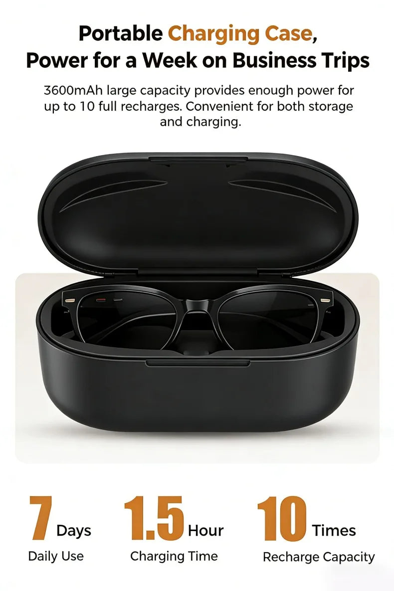 Black smart glasses with video recording and Bluetooth audio, resting inside their sleek, black portable charging case.