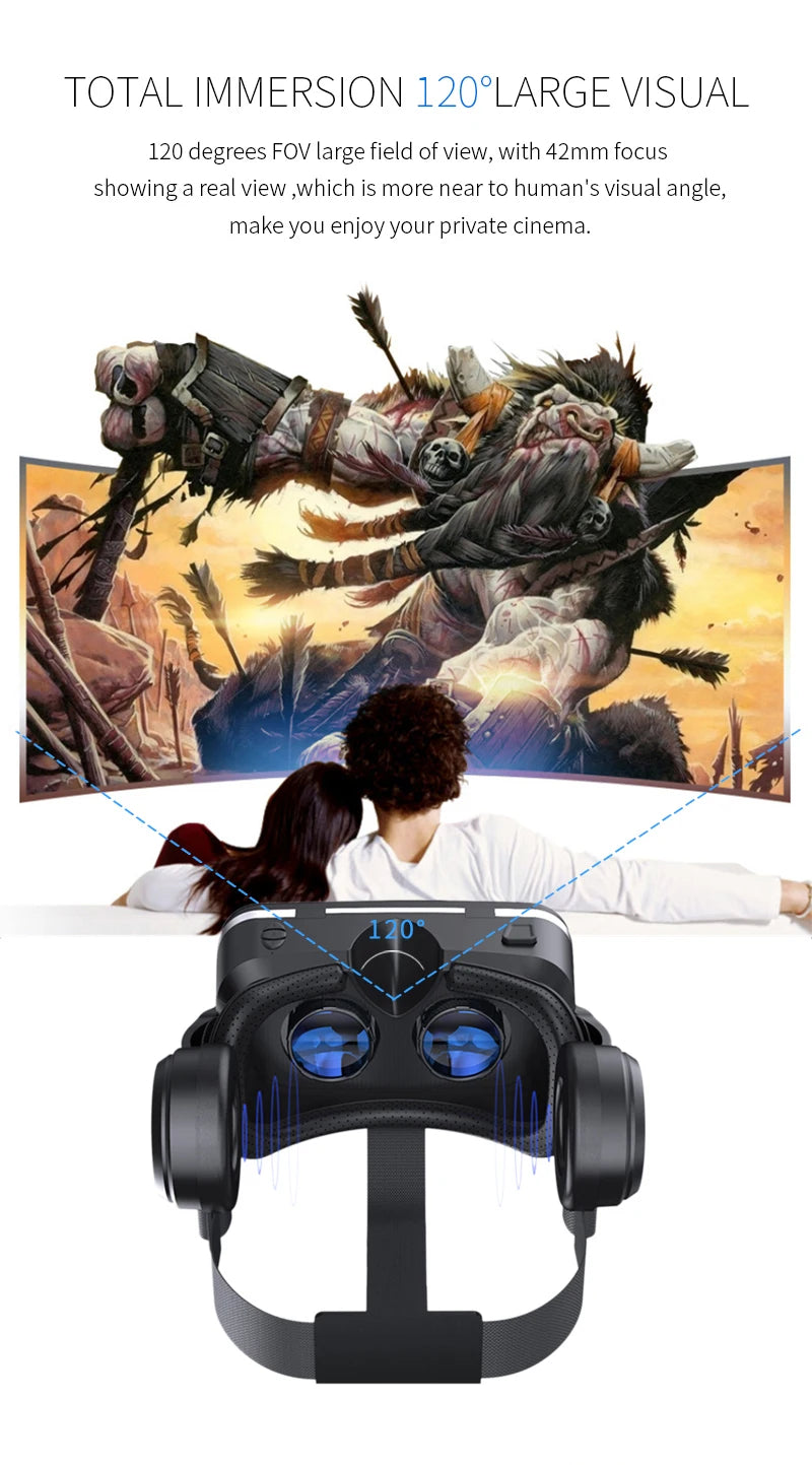 Black 3D VR headset with adjustable strap, integrated headphones, and a 120-degree wide field of view.