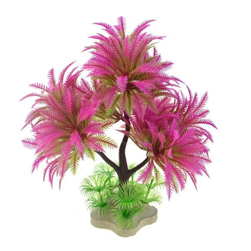 Artificial aquarium plant with bright pink, fern-like branches on a brown stem and a small green base.