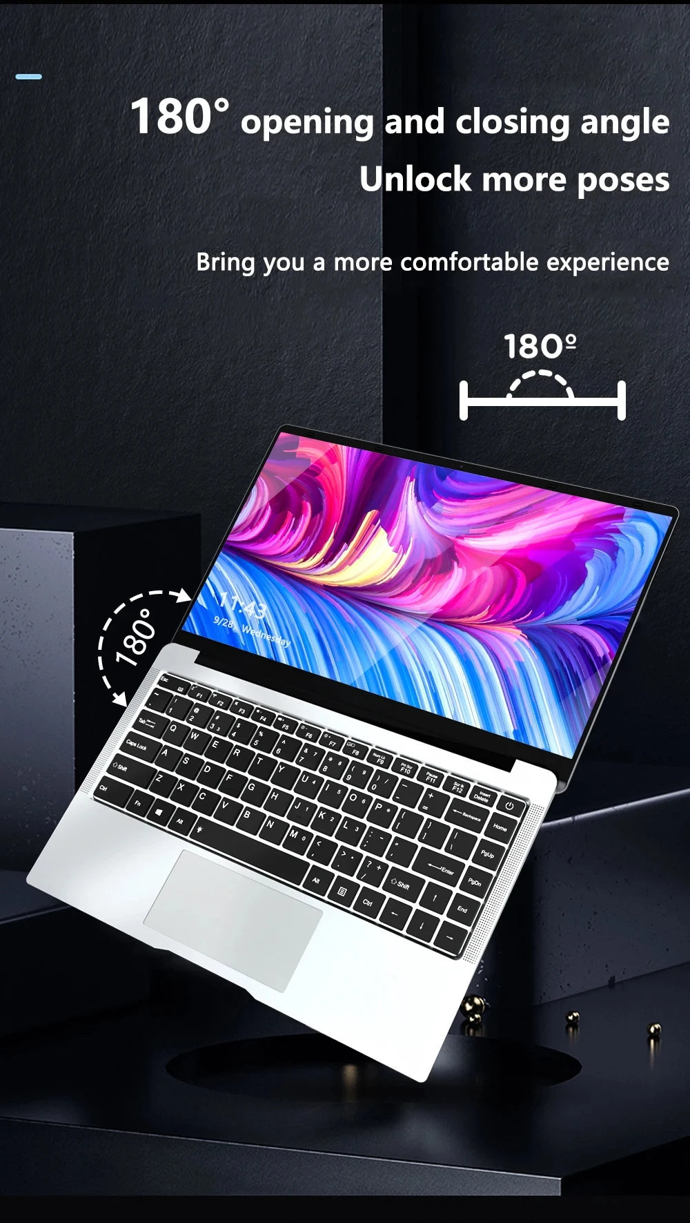 Sleek silver 14.1-inch slim laptop with a 180-degree hinge, black keyboard, and vibrant abstract screen wallpaper.
