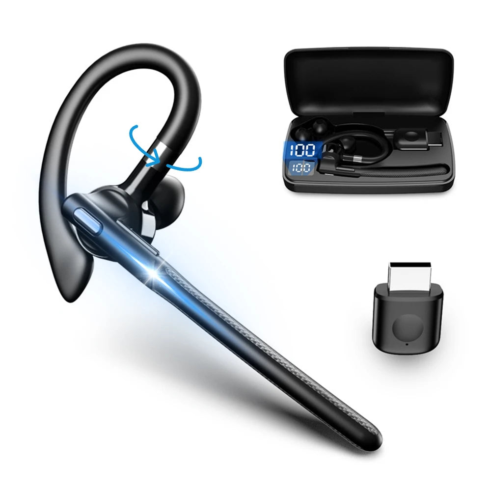 Black wireless ear hook headset with built-in microphone, charging case with digital display, and a USB adapter.