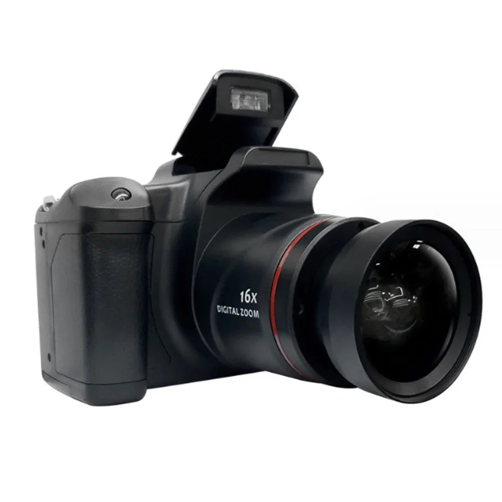 Black plastic digital camera with a large lens, 16x digital zoom, and an open pop-up flash.