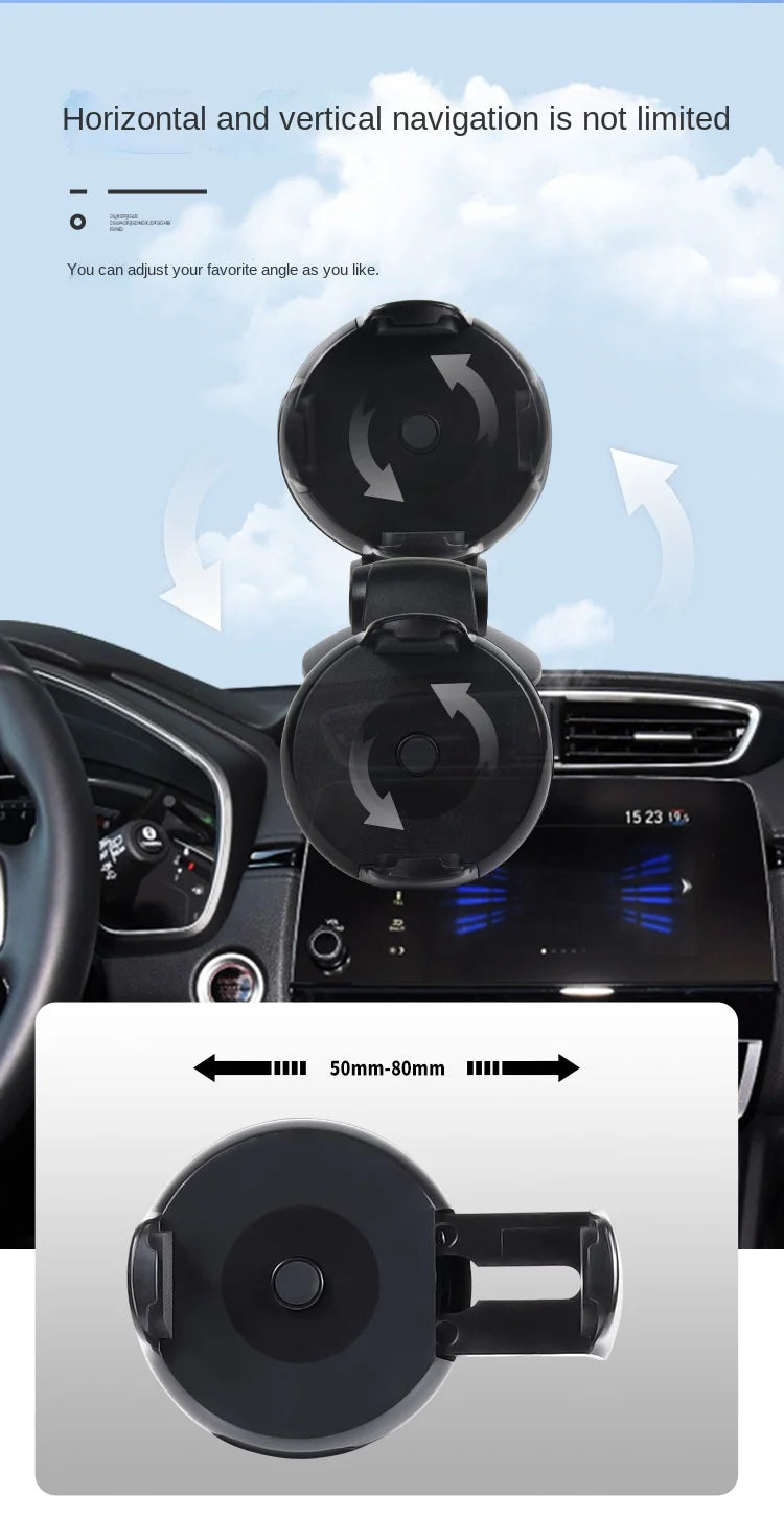 Black adjustable car phone mount featuring 360-degree rotation and an expandable 50-80mm width for flexible viewing.