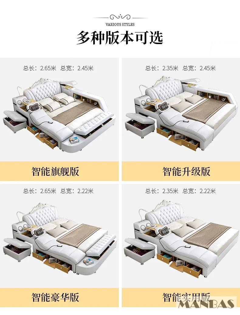 White, tufted, multifunctional smart bed frames with integrated storage, massage features, and side tables in four sizes.