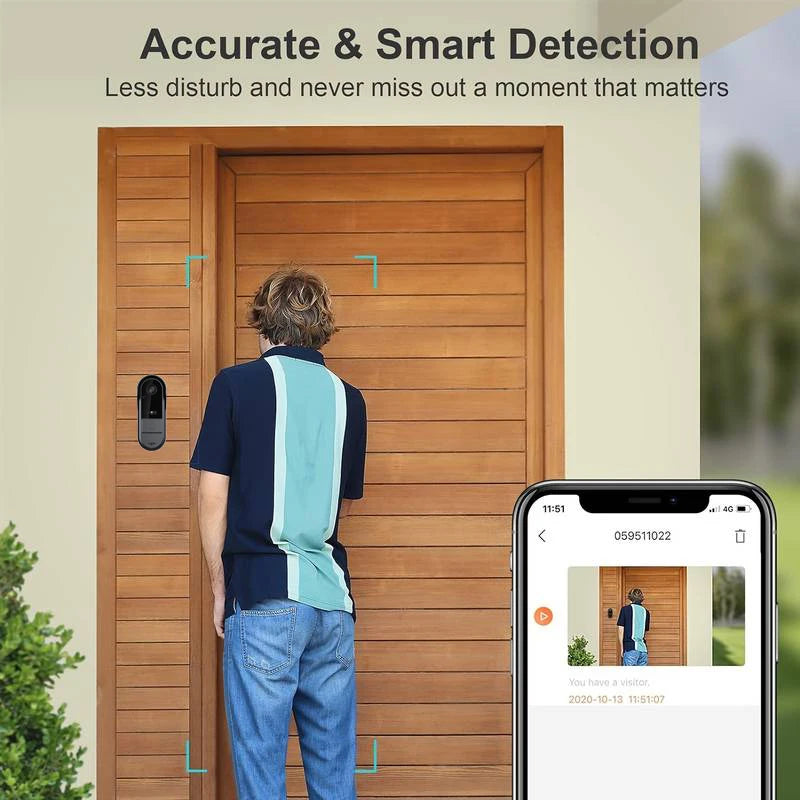 Sleek black wireless video doorbell mounted on a wooden door, with a smartphone app showing real-time visitor alerts.