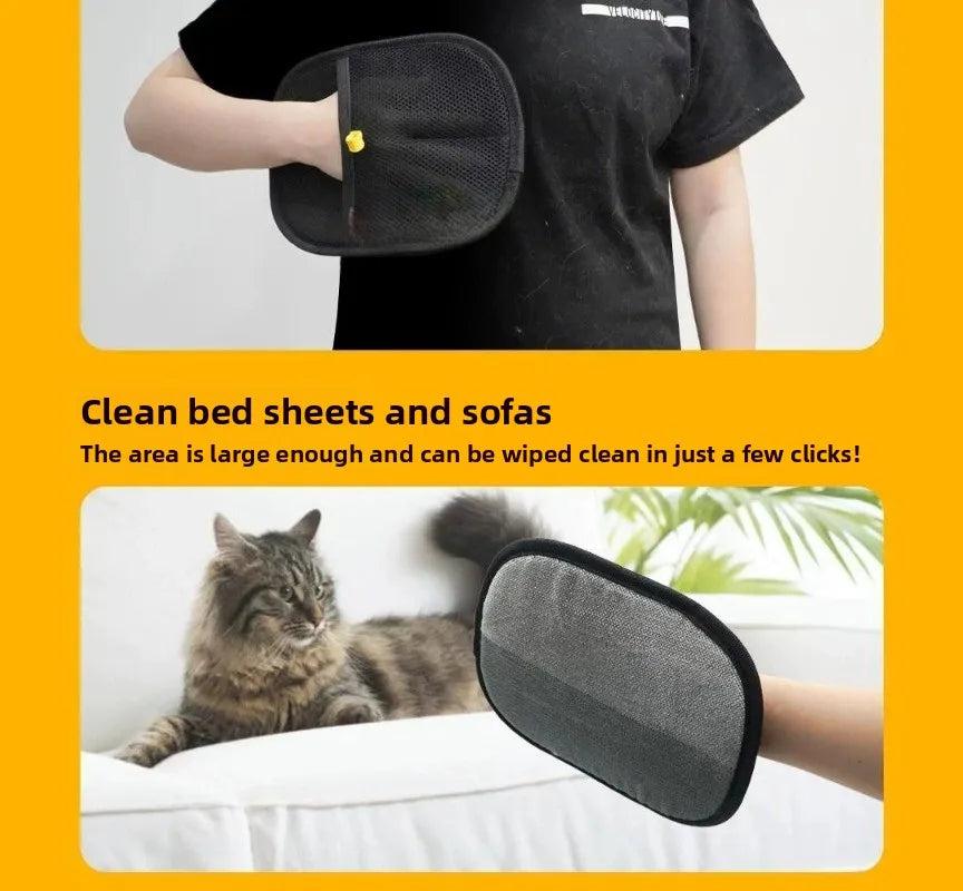 A person wearing a reversible black and grey fabric mitt to remove pet hair from a sofa and bed sheets.
