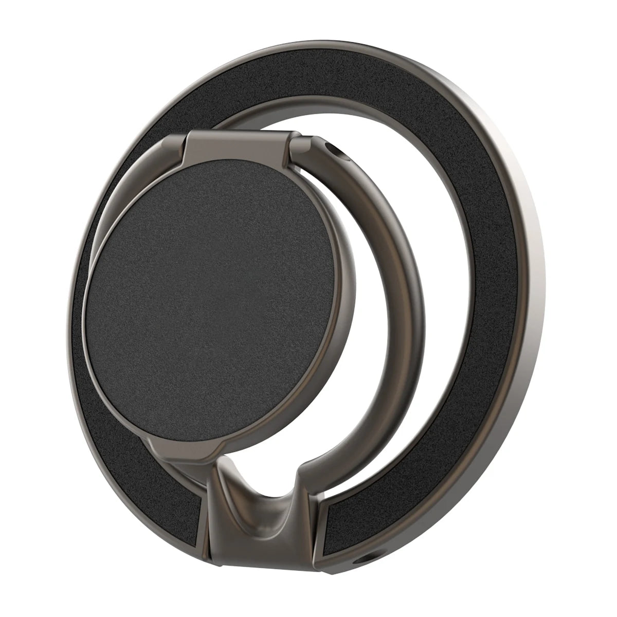 A dark metallic phone ring holder with a circular design, matte black surface, and adjustable folding stand.