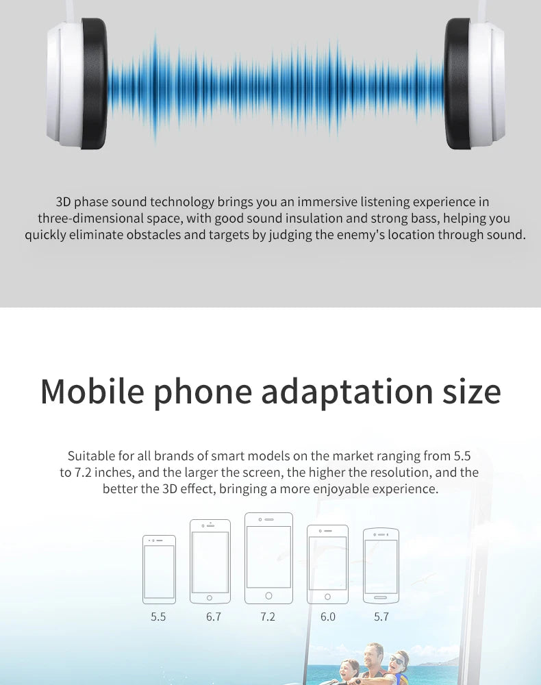 Black and white VR headset featuring immersive 3D sound technology, compatible with smartphones from 5.5 to 7.2 inches.
