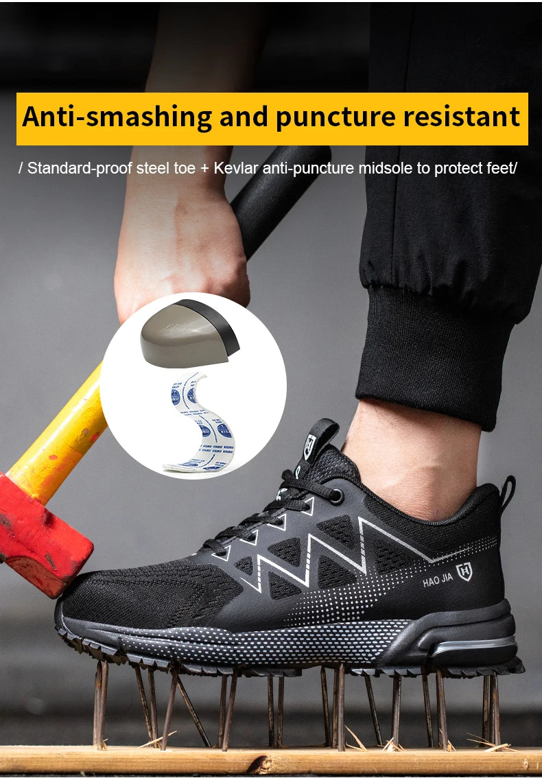 Black safety work sneaker with steel toe, standing on nails as a hammer strikes the toe.