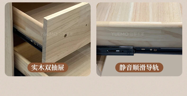 Close-up of light natural wood bed drawers with smooth-gliding metal runners for a modern Nordic style.