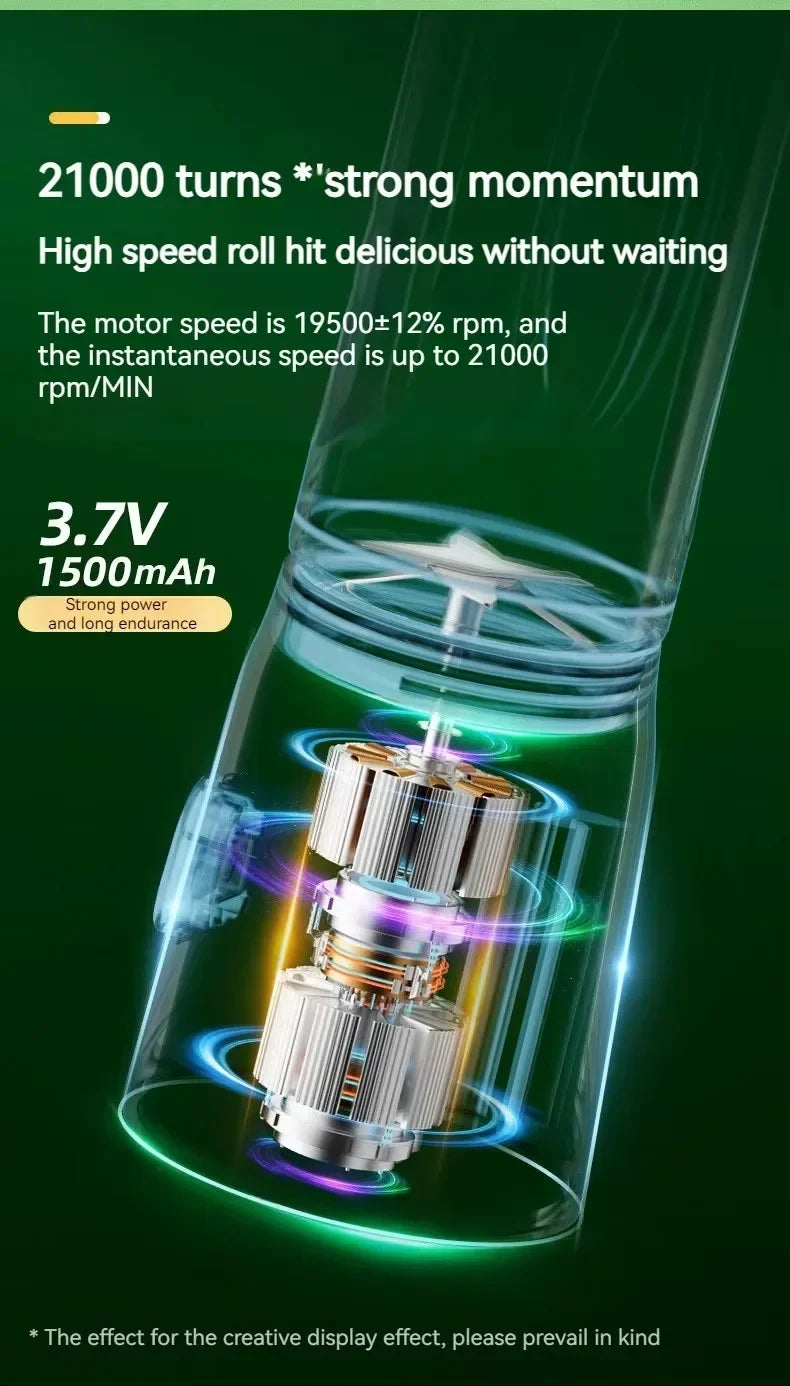 Portable blender with a transparent container, internal motor, and high-speed steel blades on a dark green background.