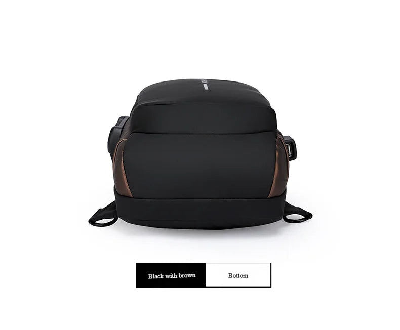 Black anti-theft chest bag with brown accents, featuring a password lock and side USB charging port.