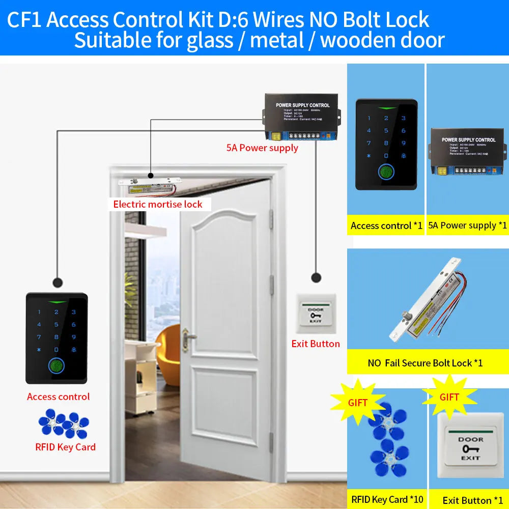 Access control kit for doors, featuring a black fingerprint keypad, metal bolt lock, 5A power supply, and exit button.