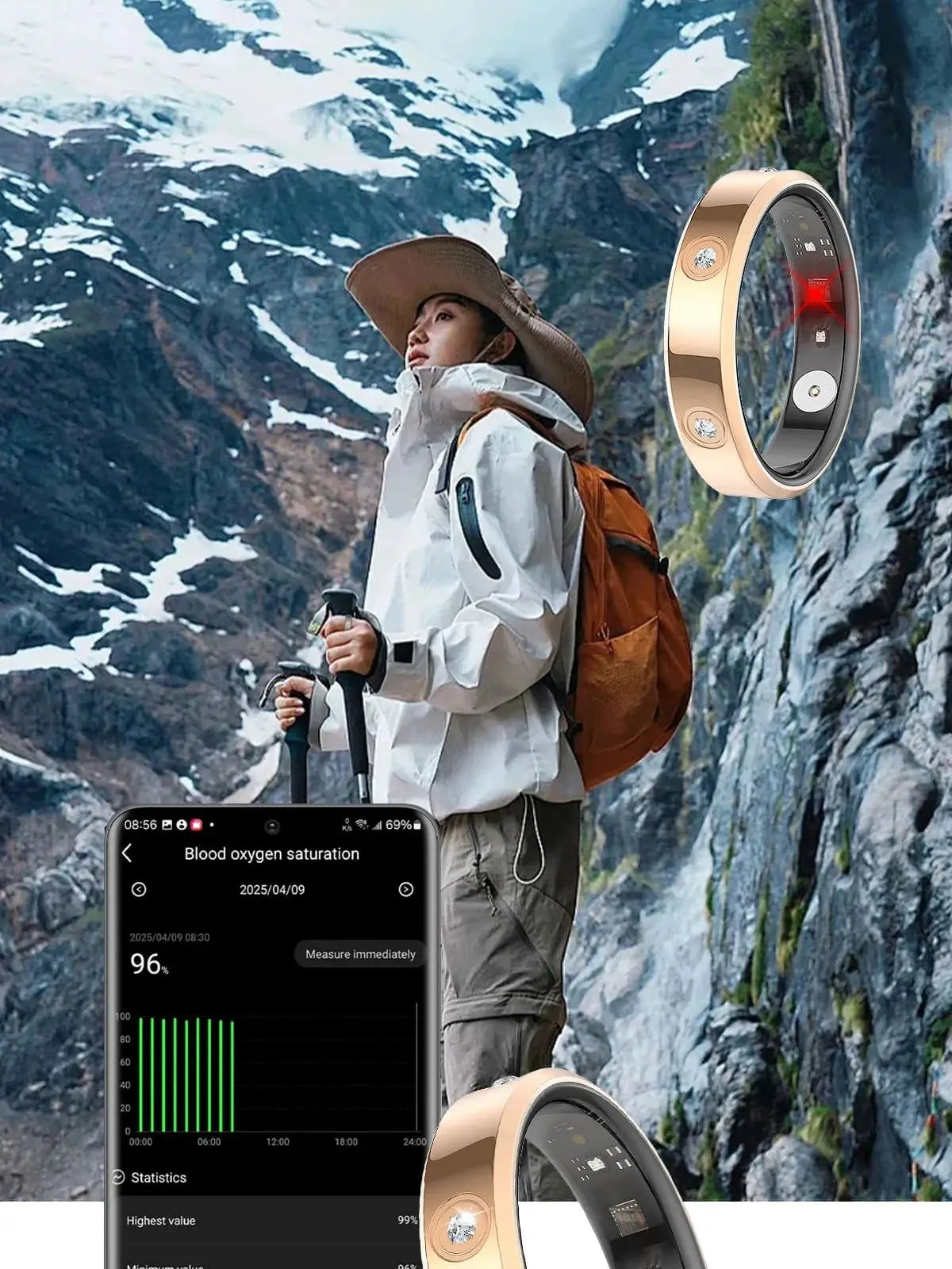 Rose gold slim smart fitness ring with crystal accents, shown with a mountain hiker and health tracking app interface.