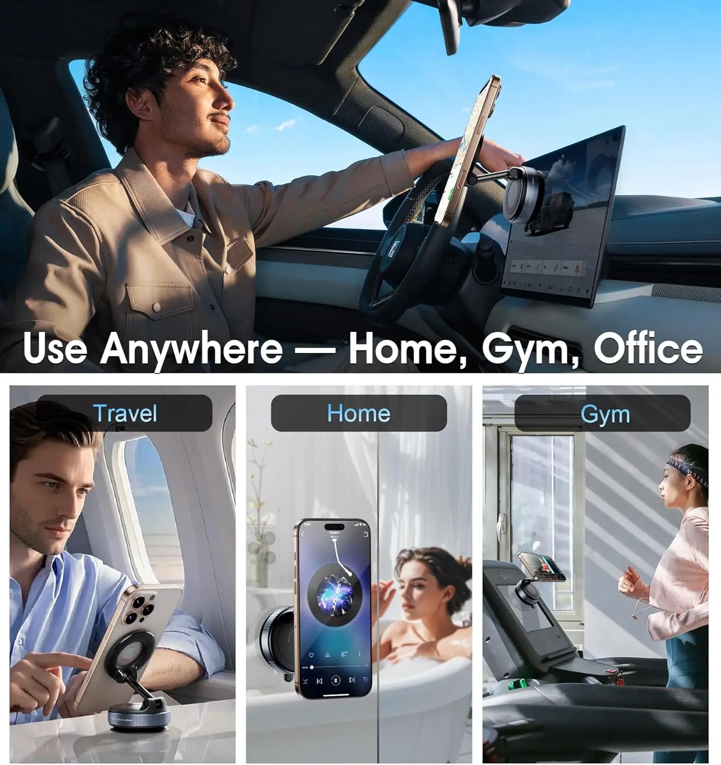 Portable black magnetic phone mount with an adjustable arm, shown in use in a car, on a plane, and on gym equipment.