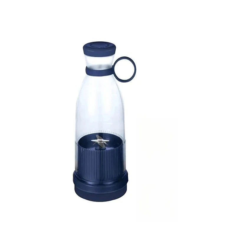 Portable navy blue blender with a clear bottle, carrying ring, and internal mixing blades.