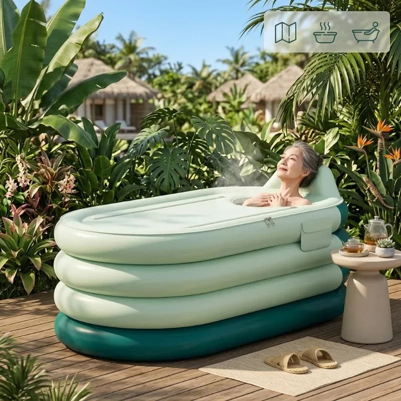 An older woman relaxing in a green inflatable soaking tub on a deck, surrounded by lush tropical plants.