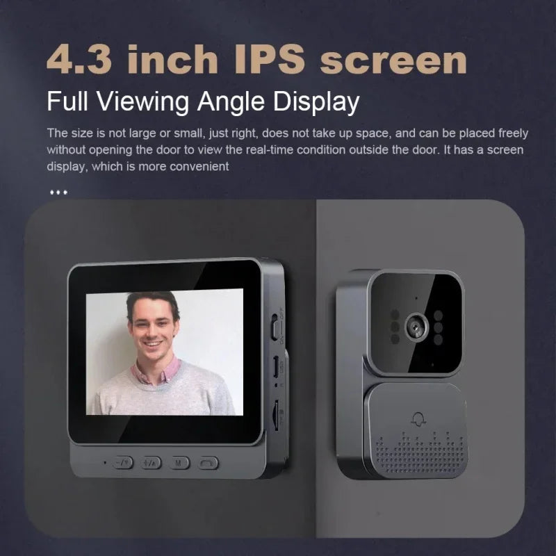 Grey smart wireless video doorbell with a 4.3-inch HD IPS display screen and a compact door camera unit.