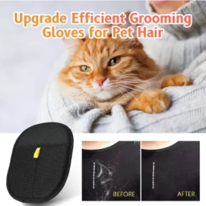 Black mesh pet hair removal pad with yellow tab, plus before and after images of fabric cleaning.