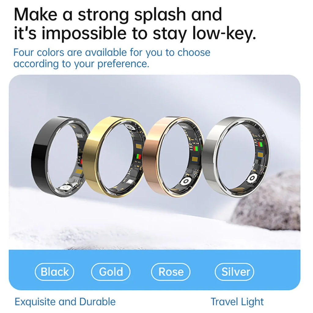 Four smart fitness rings in black, gold, rose gold, and silver, showing their sleek outer bands and interior sensors.