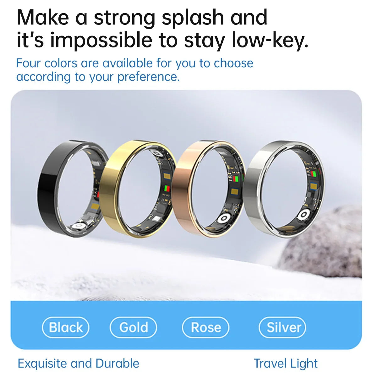 Four smart fitness rings in black, gold, rose gold, and silver, showing their sleek outer bands and interior sensors.