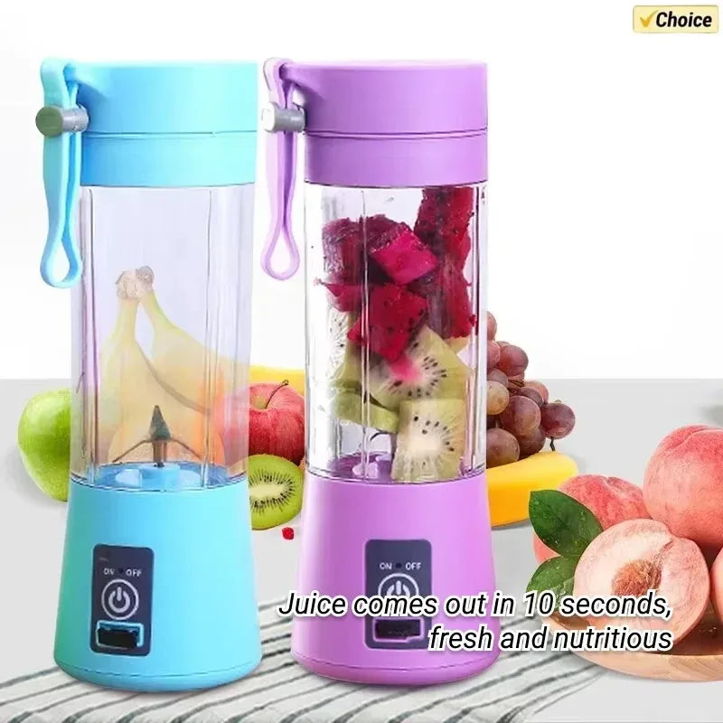 Two portable, battery-powered blenders in light blue and purple, filled with various fresh fruits on a table.