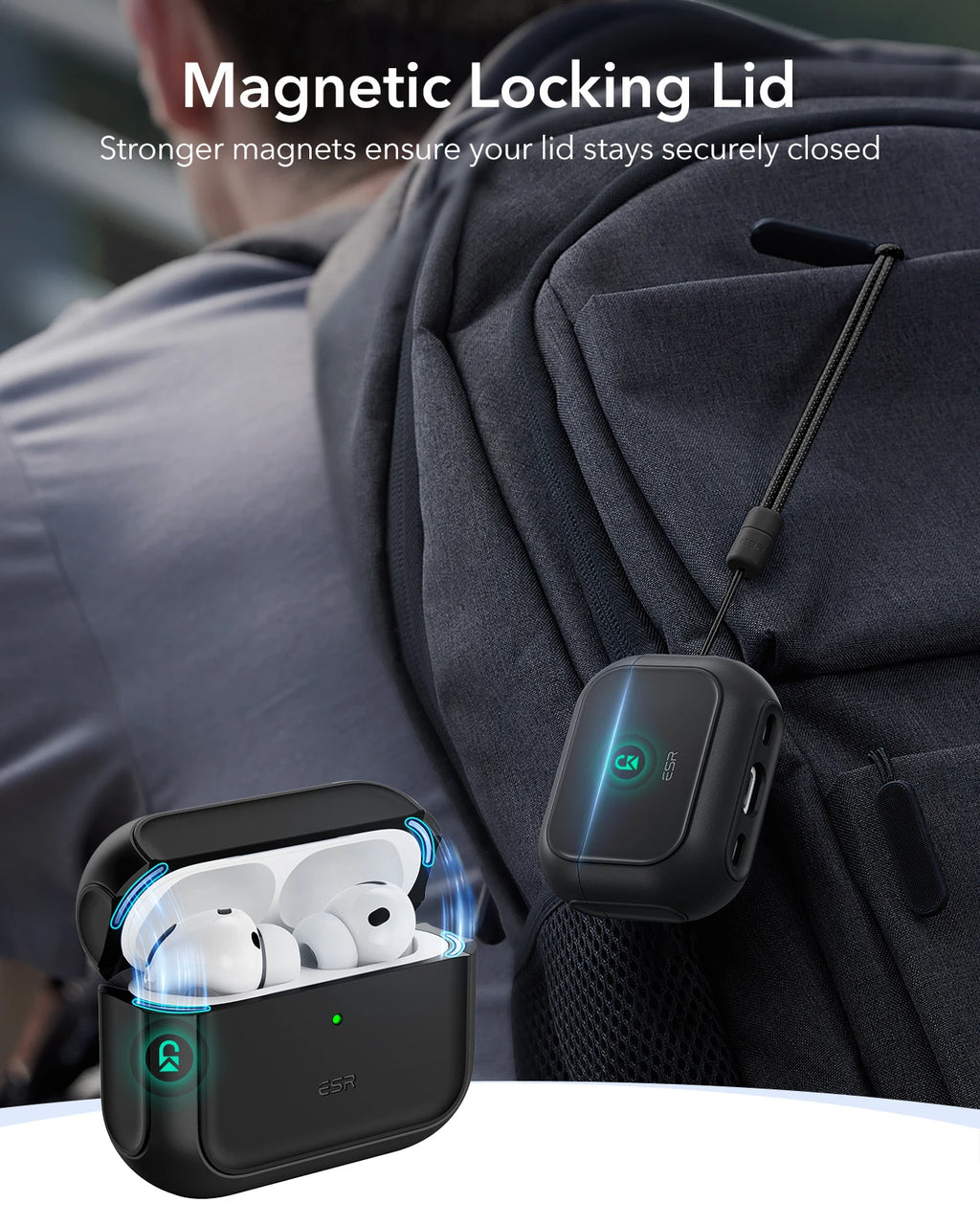Black ESR magnetic locking case for AirPods Pro, featuring a secure lid and carry strap attached to a backpack.