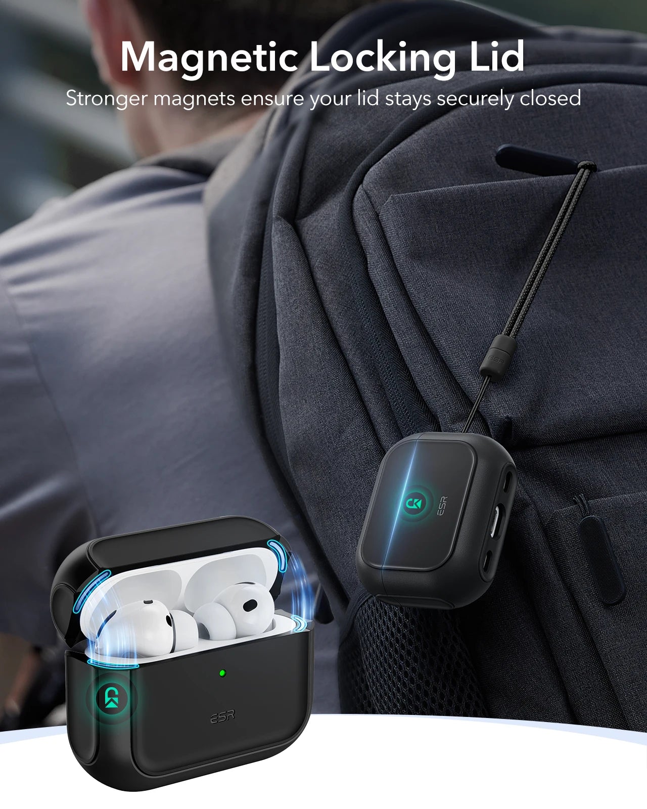 Black ESR magnetic locking case for AirPods Pro, featuring a secure lid and carry strap attached to a backpack.