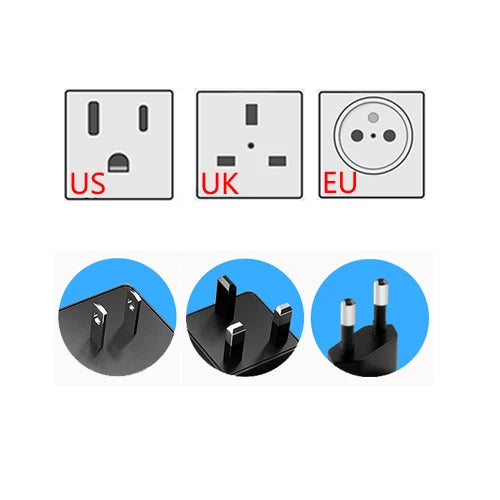 Comparison of black plug types for smart doorbell chime kit, showing US, UK, and EU pin styles.