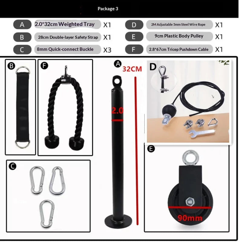 Package 3 contents: weighted tray, safety strap, quick-connect buckles, steel wire rope, pulley, and tricep cable.