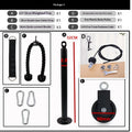 Package 3 contents: weighted tray, safety strap, quick-connect buckles, steel wire rope, pulley, and tricep cable.