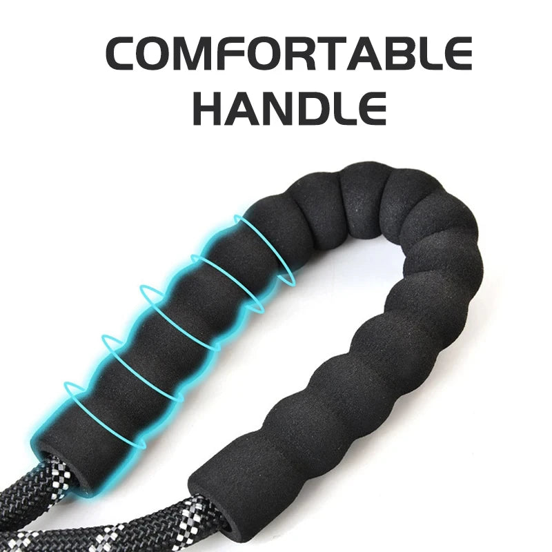 Black heavy-duty dog leash featuring a thick, soft, padded handle for comfort and a reflective woven rope design.