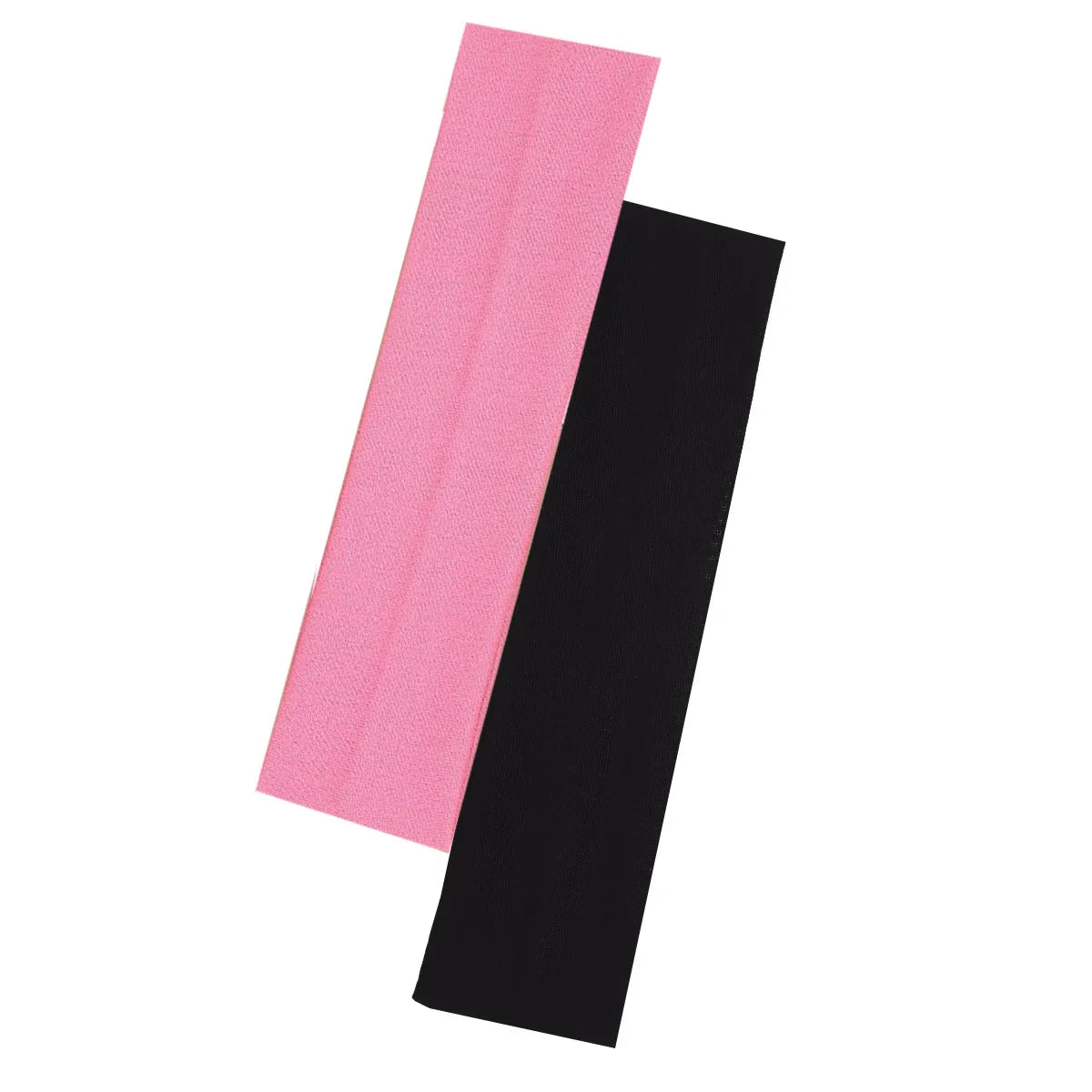 Two flat fabric headbands, one bright pink and one black, positioned diagonally on a white background.