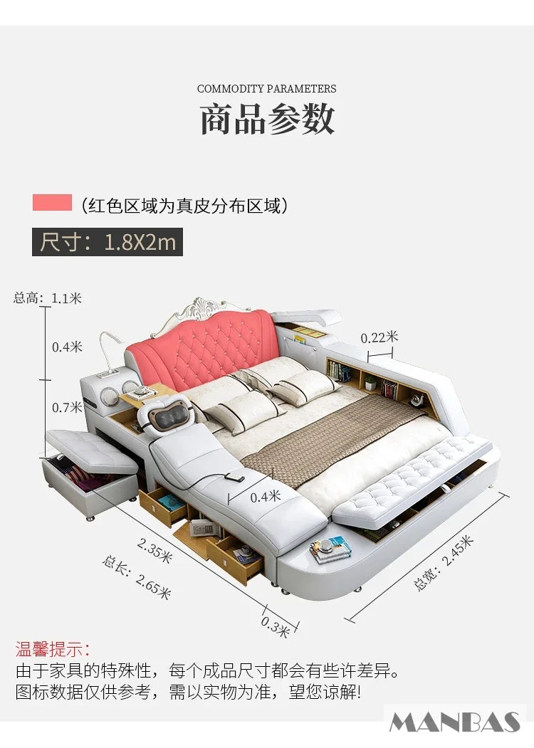 Modern white and pink smart bed frame featuring built-in shelving, massage unit, bluetooth speakers and storage drawers.