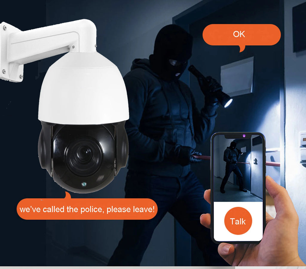 White plastic dome security camera with a black lens, mounted on a wall and controlled via a smartphone app.
