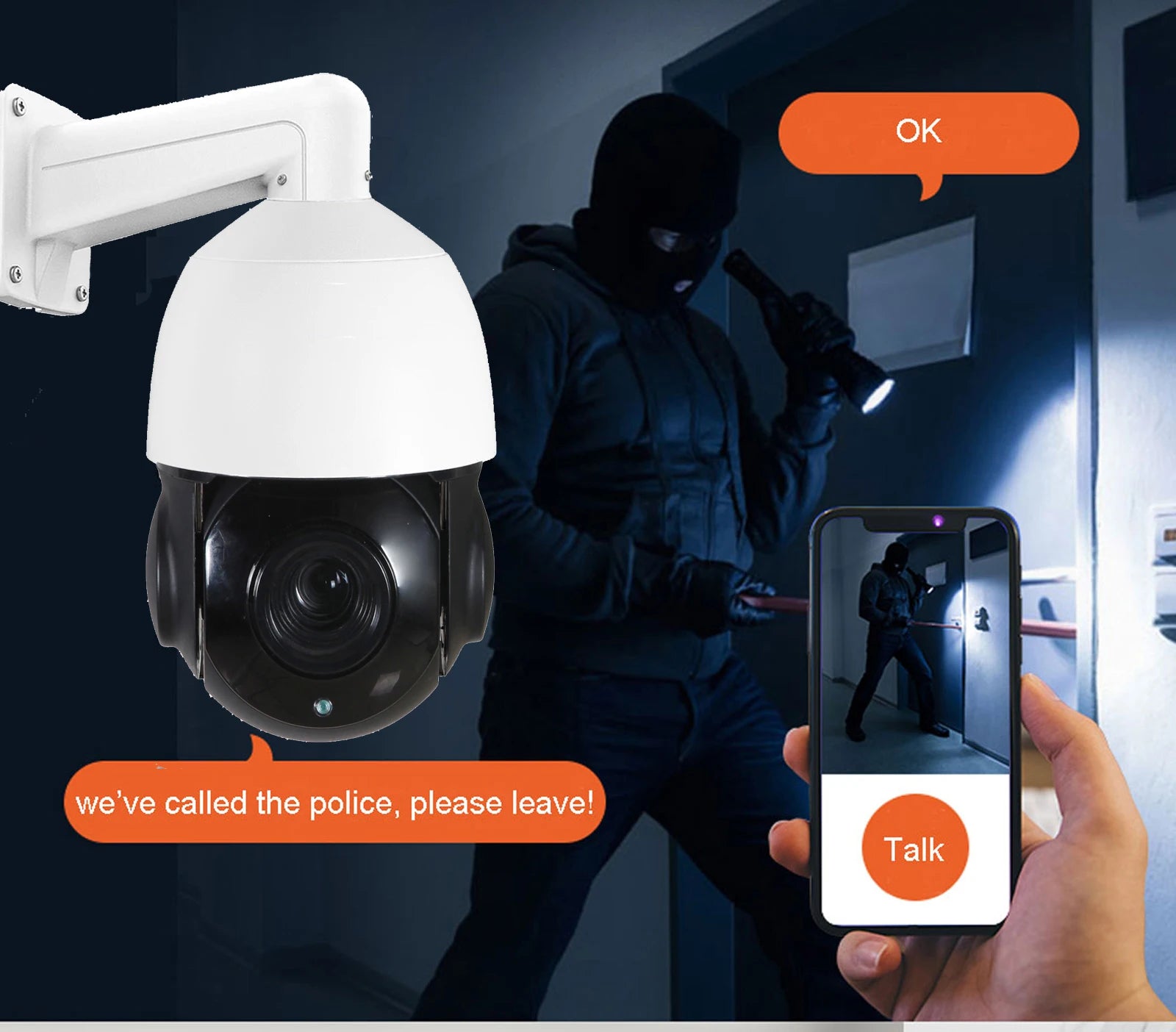 White plastic dome security camera with a black lens, mounted on a wall and controlled via a smartphone app.