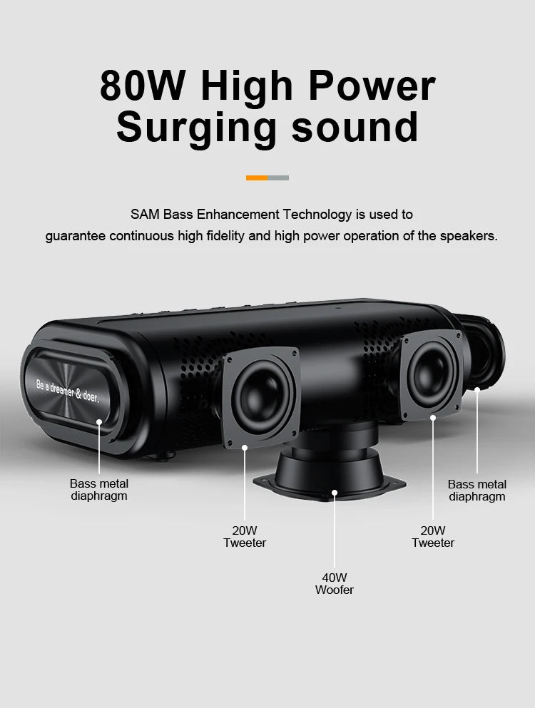 Black 80W wireless speaker featuring dual 20W tweeters, a 40W woofer, and dual metal bass diaphragms for high-power sound.