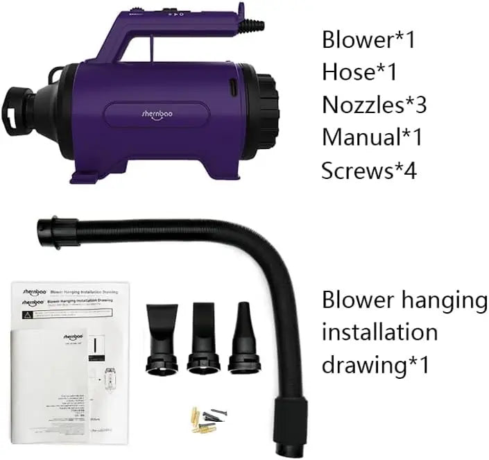Purple professional pet hair dryer with black hose, three nozzles, installation screws, and instruction manual.
