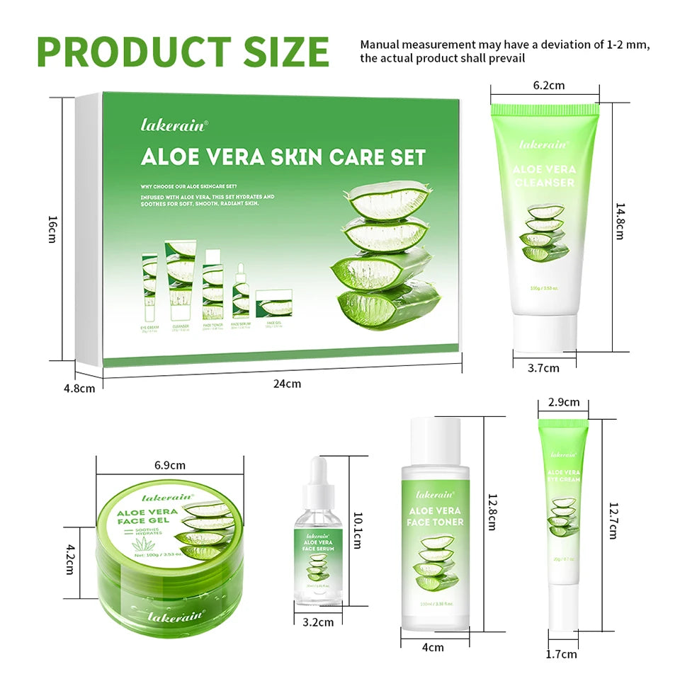 Aloe vera skincare set with cleanser, toner, serum, gel, and eye cream, displayed with product measurements.