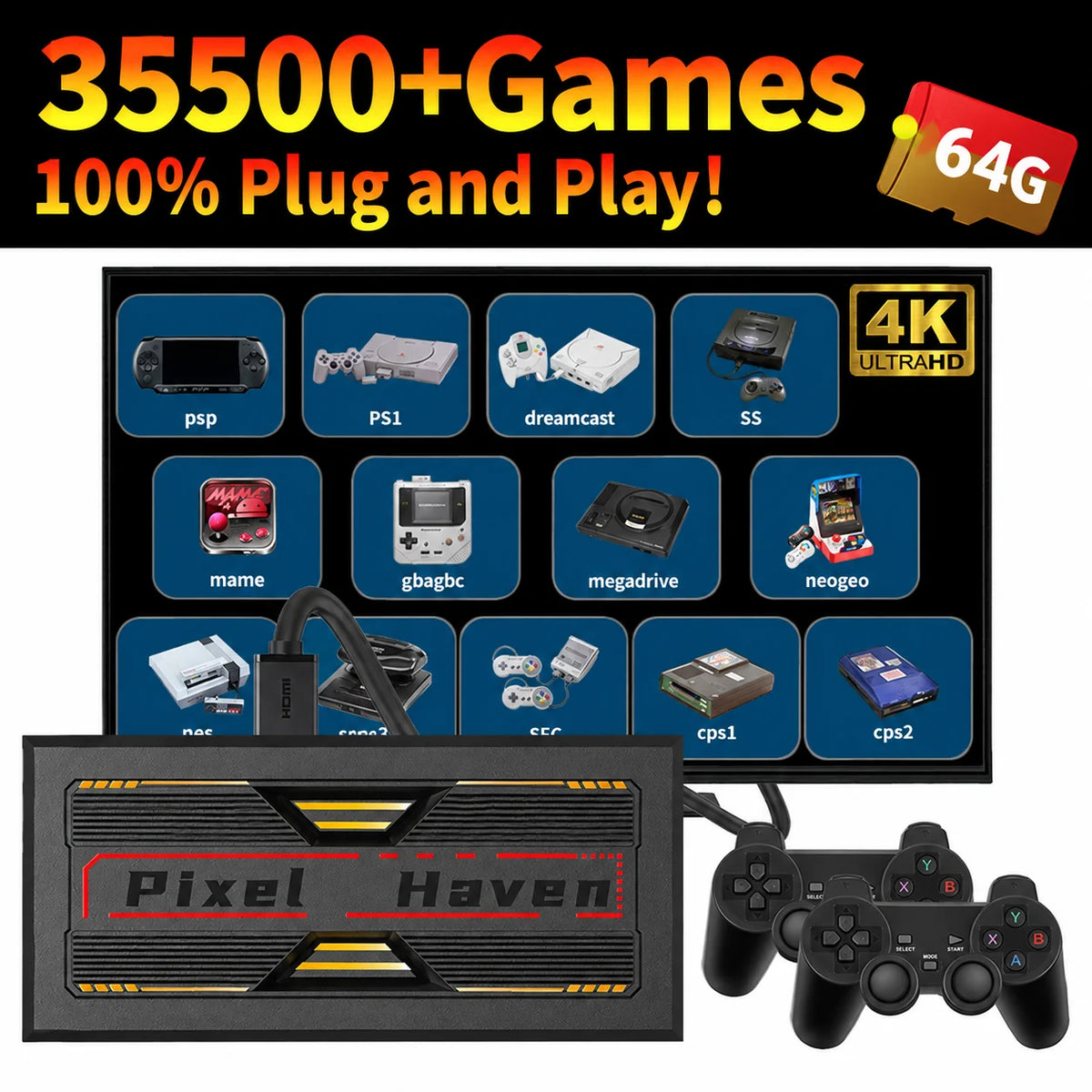 Black Pixel Haven retro game box console with two controllers and TV screen showing game icons.