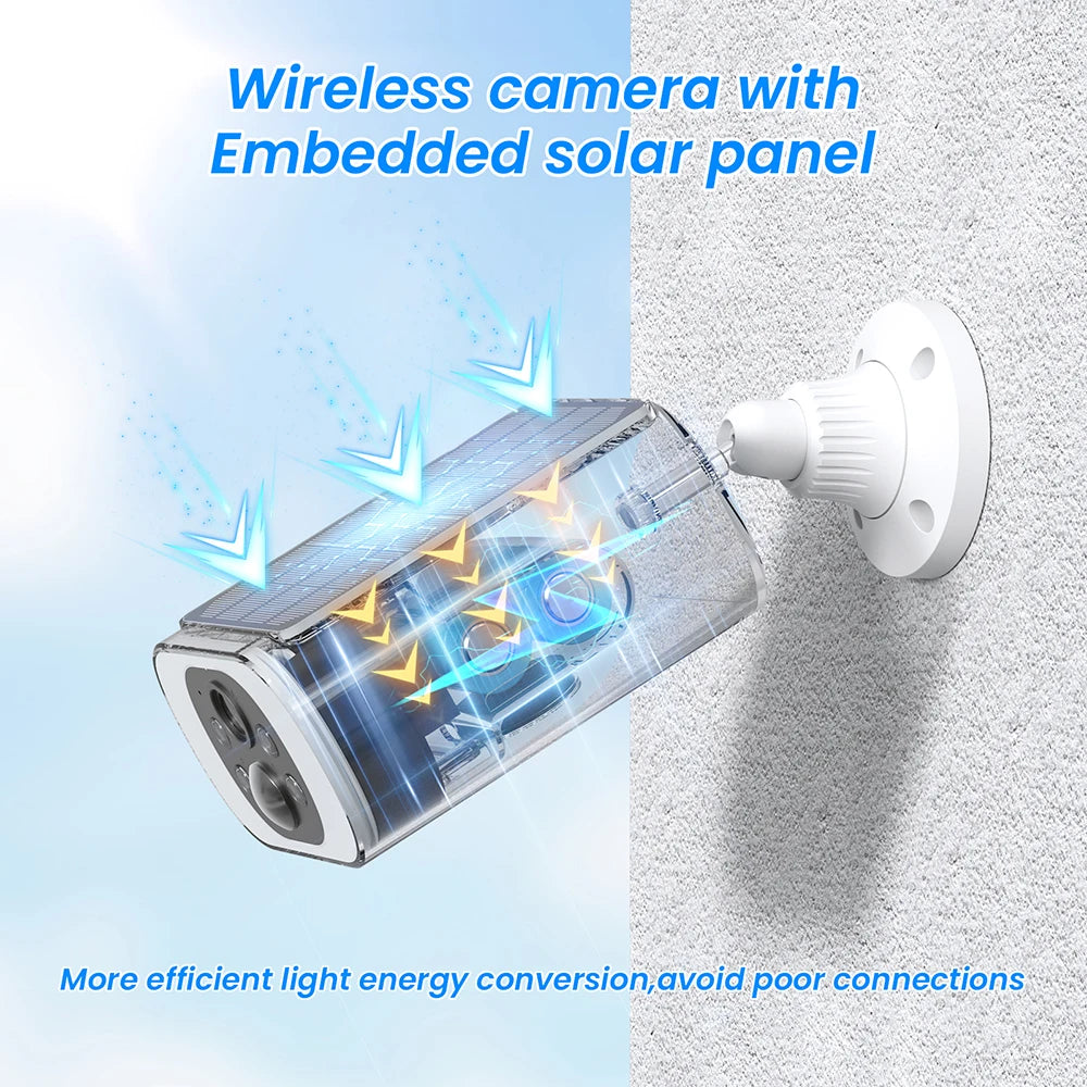 Wireless security camera mounted on a wall, featuring an integrated solar panel on top.