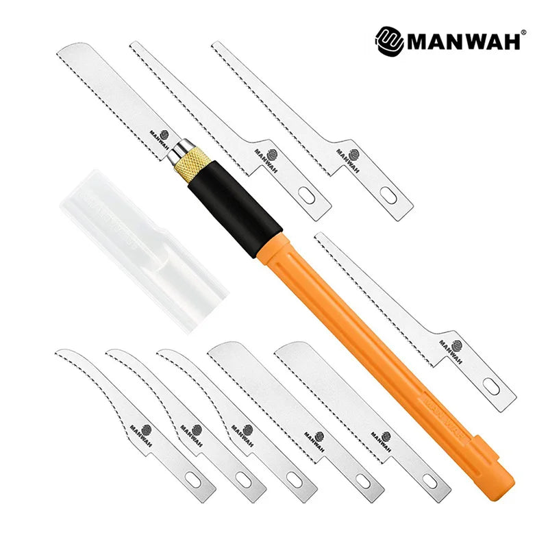 Craft knife set with orange handle, textured grip, and eight interchangeable precision serrated saw blades.