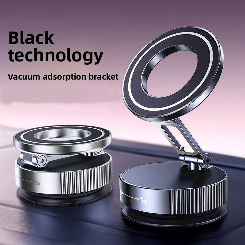 Black, foldable metal magnetic vacuum suction car phone bracket with a sleek, circular, adjustable design.